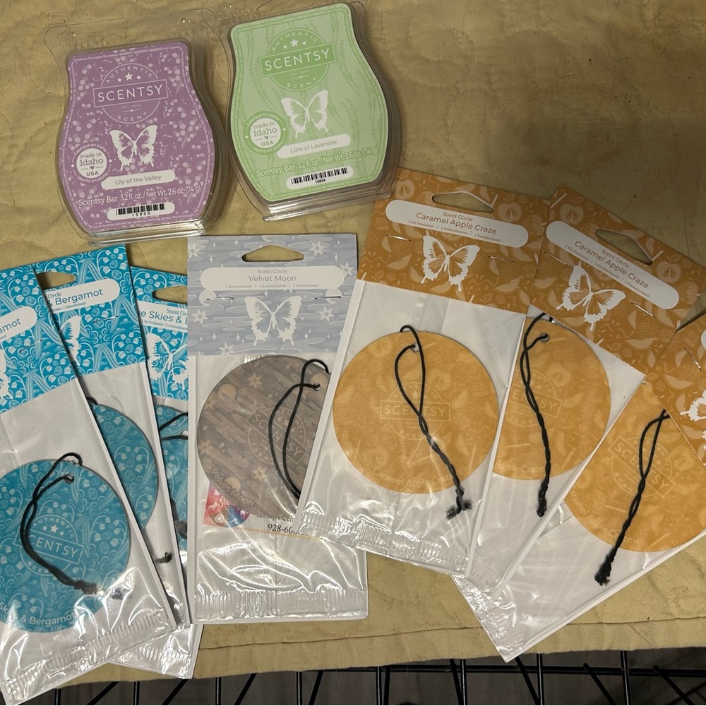 Scentsy Wax Bars and Car Fresheners in Purple, Green, Blue, and Orange